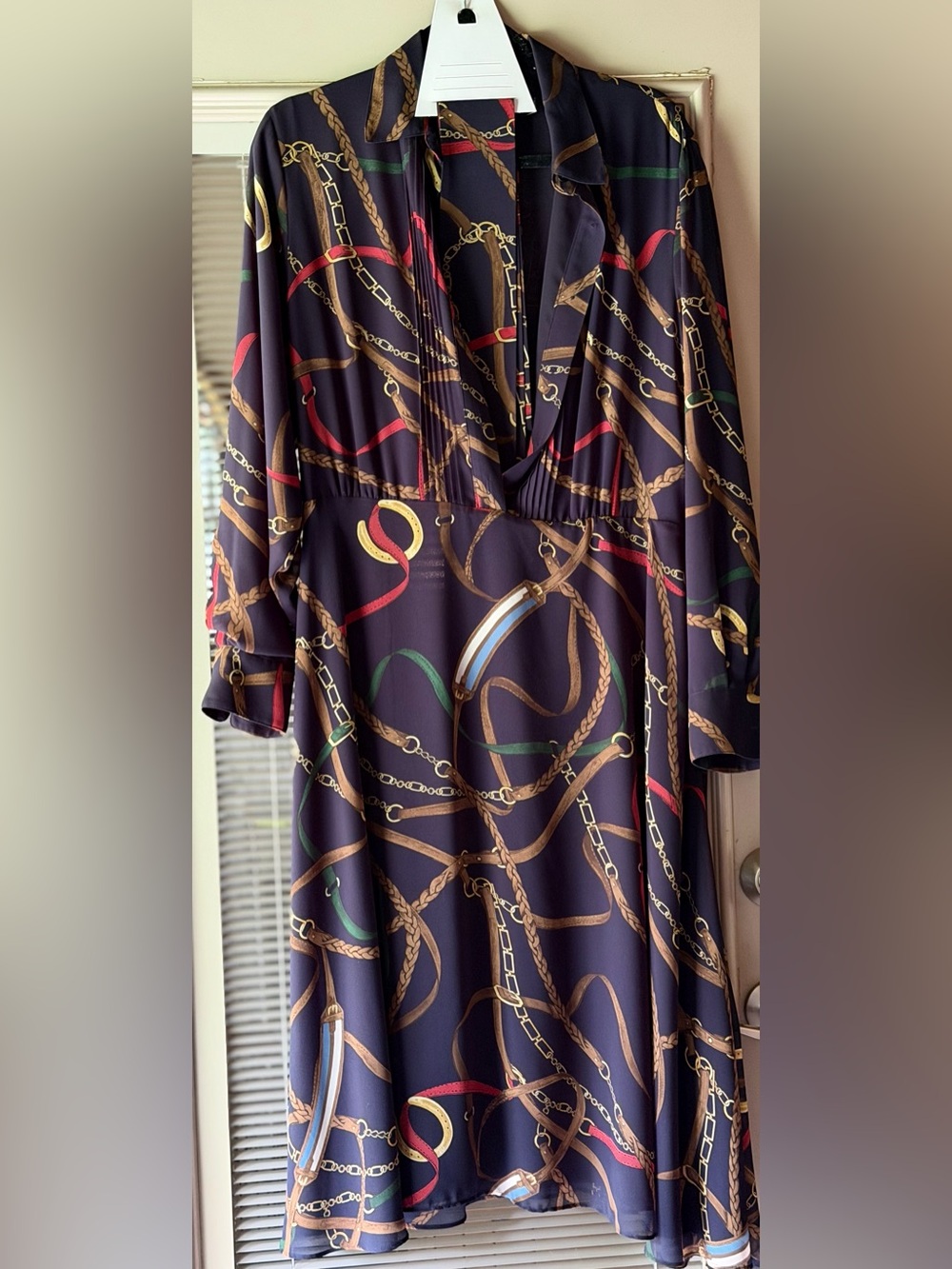 Ralph Lauren Navy Chain-Print Long Sleeve Shirt Dress - Picture 2 of 4